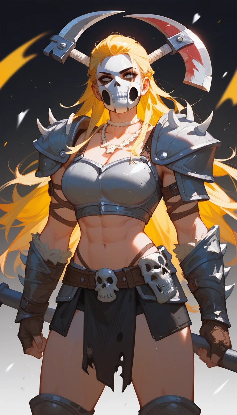 (Fraction_9,Fraction_8_Direction_7_up),1 a woman,（（（bust）））, barbarian，Olaf，Beast head，Cloaked in animal skins，Leather Armor，Yellow Hair，With an axe，Bone necklace，Iron Mask