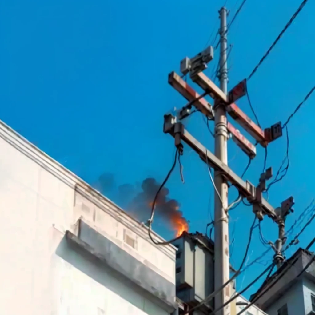 there is a fire that is burning on the side of a building, wires and cables coming out, electric cables, holding fire and electricity, tangled overhead wires, electrical wires, wires hanging above street, with cables and wires coming out, electrical cables, wires flying in the air, exposed wires, instagram post, telephone wires, single line, destructive, loose wires