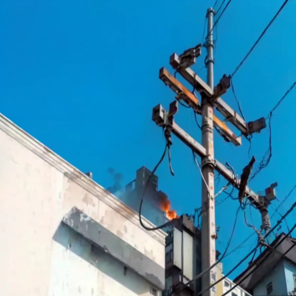 there is a fire that is burning on the side of a building, wires and cables coming out, electric cables, holding fire and electricity, tangled overhead wires, electrical wires, wires hanging above street, with cables and wires coming out, electrical cables, wires flying in the air, exposed wires, instagram post, telephone wires, single line, destructive, loose wires