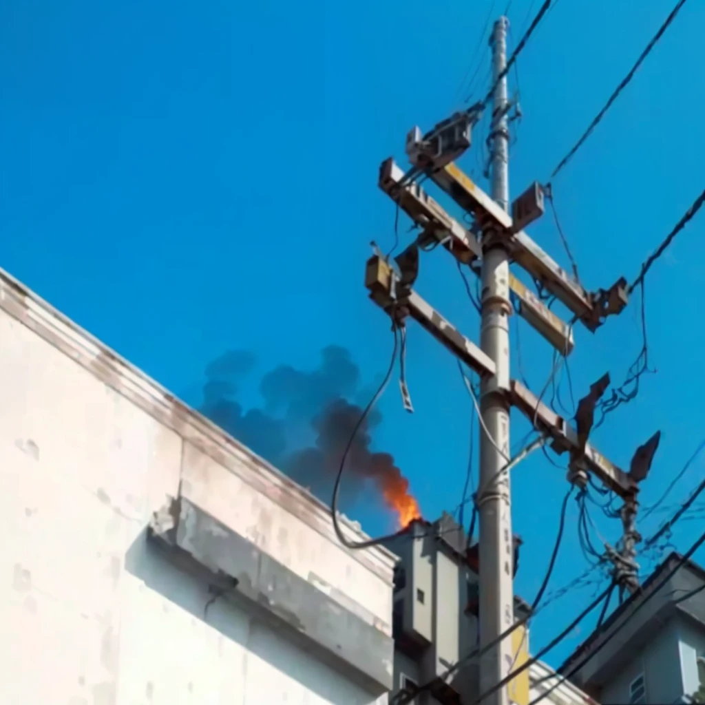 there is a fire that is burning on the side of a building, wires and cables coming out, electric cables, holding fire and electricity, tangled overhead wires, electrical wires, wires hanging above street, with cables and wires coming out, electrical cables, wires flying in the air, exposed wires, instagram post, telephone wires, single line, destructive, loose wires