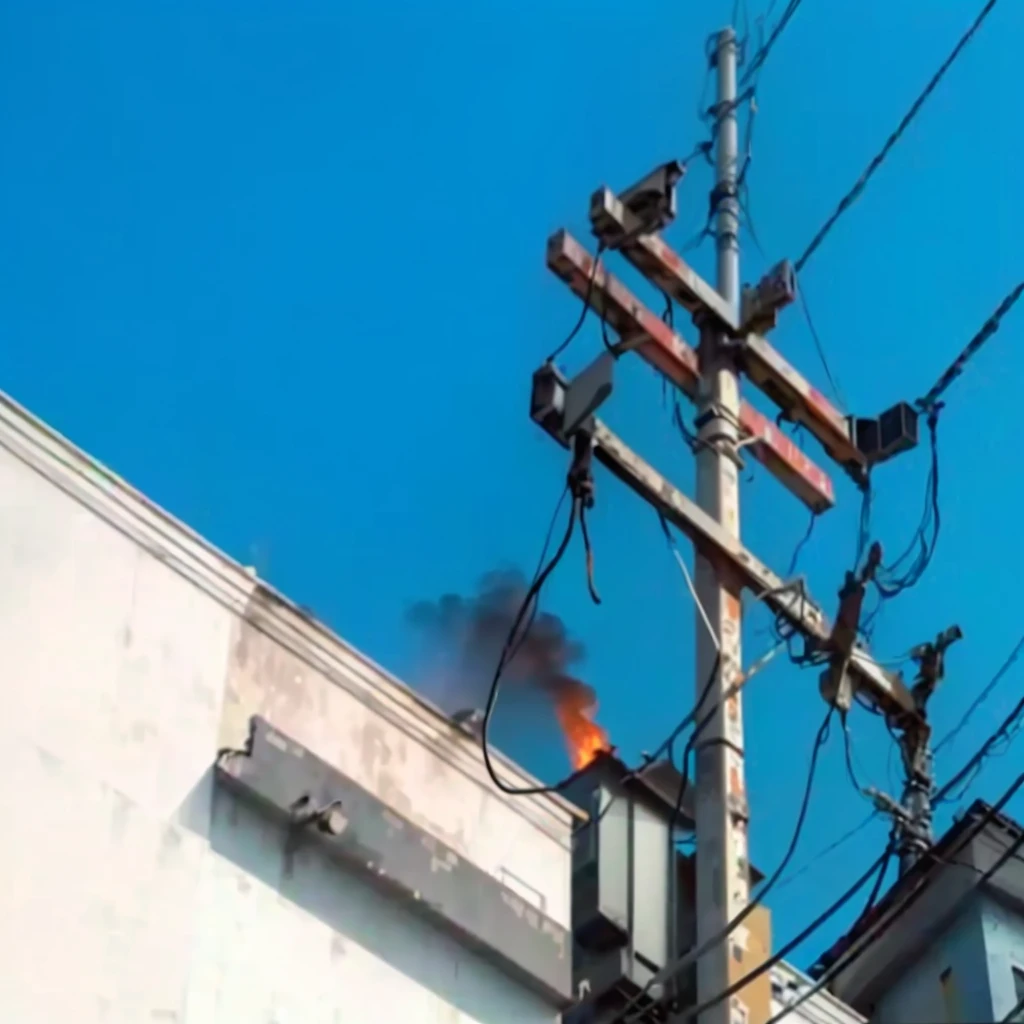 there is a fire that is burning on the side of a building, wires and cables coming out, electric cables, holding fire and electricity, tangled overhead wires, electrical wires, wires hanging above street, with cables and wires coming out, electrical cables, wires flying in the air, exposed wires, instagram post, telephone wires, single line, destructive, loose wires