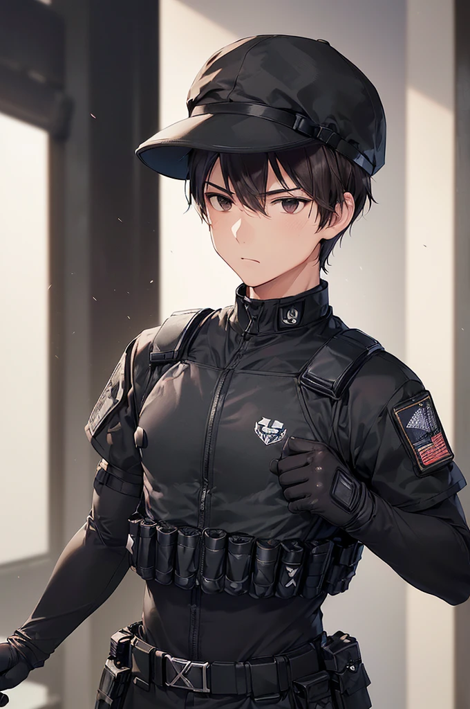 (((masterpiece; best quality: 1.2))), (finely detailed eyes: 1.3), (25 year old man), (solo), (black eyes: 1.4), (body; muscular, fit, masculine: 1.3), (short brown hair: 1.3), (beautiful and clear background: 1.2), ((depth of field)), (equipment: spec ops full black tactical combat-ready gear + tactical long-sleeve shirt + kevlar vest + black gloves + black baseball cap + tactical ear protectors + pouches: 1.3), (anime illustration: 1.2), (background composition; military base office: 1.1), (extremely fine and handsome: 1.1), (shot composition; standing + centered on torso + close-up: 1.5), (expression; calm, stoic: 1.2)