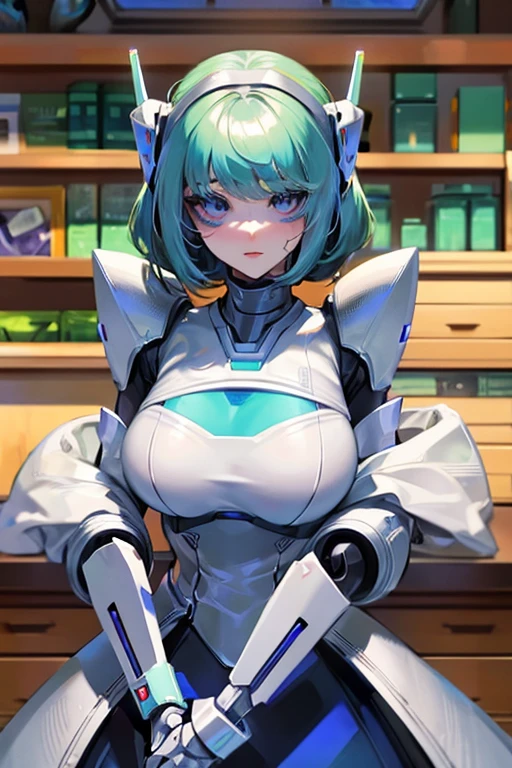 empty eyes,robotized woman ,big bust,Robot Joint ,Metal skin,dress,android,Robot Suit