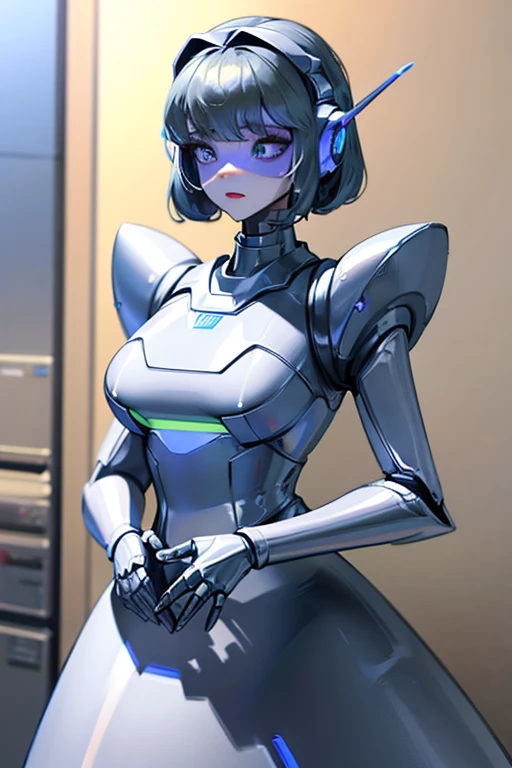 empty eyes,robotized woman ,big bust,Robot Joint ,Metal skin,dress,android,Robot Suit