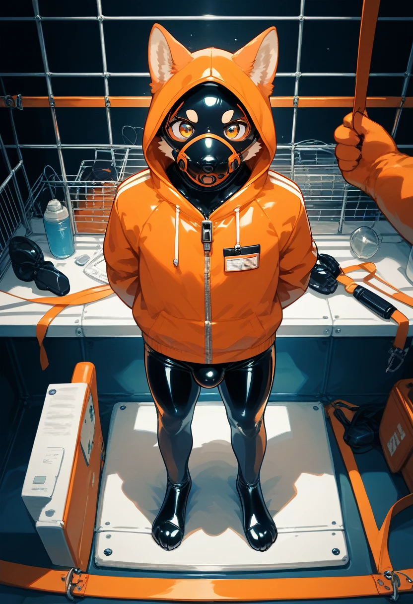 Highest quality, Highest quality, High quality illustrations, masterpiece, Ultra-high resolution, Detailed Background, In the cage, Absurd, Perfect Anatomy, performance, Good lighting, Shadows in the movies(kemono, Furry Personifi猫ion), Dark Skin, Rubber suit, Rubber suit, latex, Neon color, Rubber spats, Orange rubber hoodie, Rubber mask, ribbon, Embarrassing, Null bulge, Hands restrained behind your back, first round, Lock, Prisoner, male, juvenile, from above