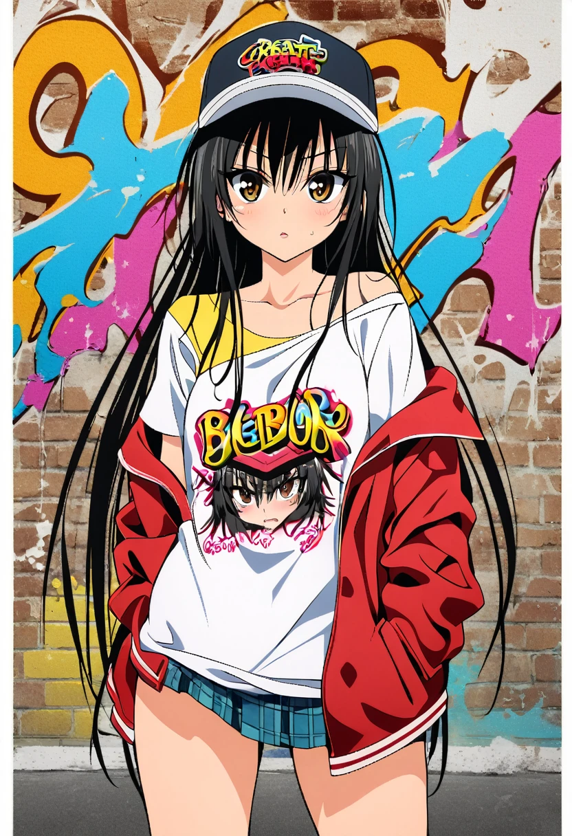 One girl, kotegawa yui, to love-ru,perfect body,black Hair, long Hair, brown eyes,cap,off shoulder shirt,
break,Create an image in the style of graffiti art, banksie style,at school,inddor,with bold colors, expressive lettering, and a rebellious, urban vibe.
