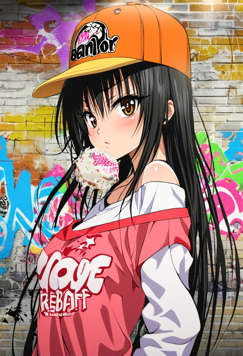 One girl, kotegawa yui, to love-ru,perfect body,black Hair, long Hair, brown eyes,cap,off shoulder shirt,
break,Create an image in the style of graffiti art, banksie style,at school,inddor,with bold colors, expressive lettering, and a rebellious, urban vibe.