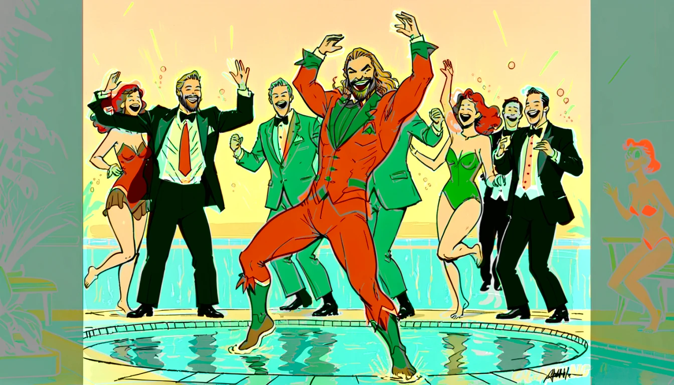 Line drawing, sketch, expressive, ink figure of Aquaman (vintage orange and green suit) dancing at a pool , overjoyed. The style should be simple and minimal. clearly standing in shallow end of pool, everyone is maximal over excited to be at prestigious pool , wide large smiles, cackling, 1990's animated tv show screengrab, uv light rays across face, VHS, glitch, distorted, nostalgia, 90's retro vibes, analog tape, vcr aesthetics, tv, television, comic 1990's, animated tv show screengrab, cinematic poster, image within image, multiple exposure, massive scale, rich color grading for shading depth, hand drawn rotoscope cartoon realism, chiaroscuro lighting, mixed media, vintage comic, retro original design, 1990's comic, sense of movement energy, tropical rot, rewilding, (full roygbiv color) ink charcoal expressive illustration,
