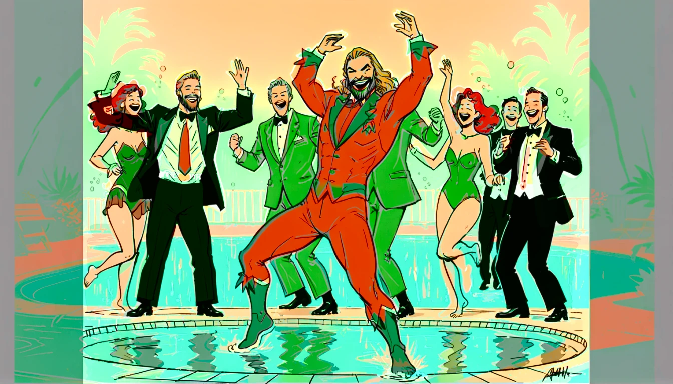Line drawing, sketch, expressive, ink figure of Aquaman (vintage orange and green suit) dancing at a pool , overjoyed. The style should be simple and minimal. clearly standing in shallow end of pool, everyone is maximal over excited to be at prestigious pool , wide large smiles, cackling, 1990's animated tv show screengrab, uv light rays across face, VHS, glitch, distorted, nostalgia, 90's retro vibes, analog tape, vcr aesthetics, tv, television, comic 1990's, animated tv show screengrab, cinematic poster, image within image, multiple exposure, massive scale, rich color grading for shading depth, hand drawn rotoscope cartoon realism, chiaroscuro lighting, mixed media, vintage comic, retro original design, 1990's comic, sense of movement energy, tropical rot, rewilding, (full roygbiv color) ink charcoal expressive illustration,
