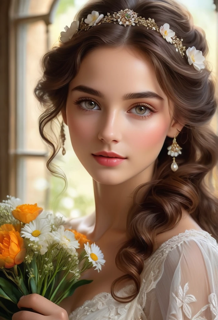 woman with oval face, dark brown wavy hair, wearing a white tunic with delicate iridescent tones, walking in a beautiful flower garden
medium: oil painting
beautiful detailed eyes, beautiful detailed lips, extremely detailed eyes and face, long eyelashes
chestnut brown hair in elaborate curls, styled with a delicate floral hair accessory
elegant and ornate dress in vibrant colors, adorned with delicate lace and embroidery
perfectly manicured hands holding a bouquet of fresh flowers
soft and glowing skin, with a healthy rosy complexion
subtle expression of youthful innocence and curiosity in her eyes
graceful posture and gentle smile, radiating timeless charm
faint sunlight gently filtering through a window, casting a warm glow on her face
impeccable attention to lighting and shading, emphasizing the girl's natural beauty
rich and vibrant color palette, capturing the elegance and opulence of 19th century Munich
subtle brushstrokes and fine details, showcasing the artist's skill and mastery of the medium
(masterpiece:1.2), ultra-detailed, (photorealistic:1.37), HDR, UHD, professional
classic portrait style, reminiscent of the great masters of the era
overall warm and inviting atmosphere, transporting the viewer to a bygone era