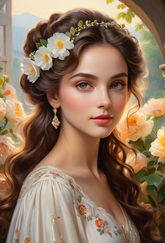woman with oval face, dark brown wavy hair, wearing a white tunic with delicate iridescent tones, walking in a beautiful flower garden
medium: oil painting
beautiful detailed eyes, beautiful detailed lips, extremely detailed eyes and face, long eyelashes
chestnut brown hair in elaborate curls, styled with a delicate floral hair accessory
elegant and ornate dress in vibrant colors, adorned with delicate lace and embroidery
perfectly manicured hands holding a bouquet of fresh flowers
soft and glowing skin, with a healthy rosy complexion
subtle expression of youthful innocence and curiosity in her eyes
graceful posture and gentle smile, radiating timeless charm
faint sunlight gently filtering through a window, casting a warm glow on her face
impeccable attention to lighting and shading, emphasizing the girl's natural beauty
rich and vibrant color palette, capturing the elegance and opulence of 19th century Munich
subtle brushstrokes and fine details, showcasing the artist's skill and mastery of the medium
(masterpiece:1.2), ultra-detailed, (photorealistic:1.37), HDR, UHD, professional
classic portrait style, reminiscent of the great masters of the era
overall warm and inviting atmosphere, transporting the viewer to a bygone era