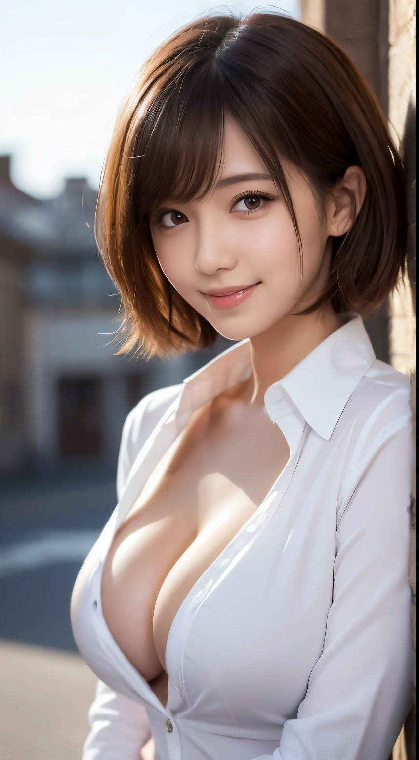 masutepiece, Best Quality, Illustration, Ultra-detailed, finely detail, hight resolution, 8K Wallpaper, Perfect dynamic composition, 27 year old cute girl, detailed beautiful faces, Detailed cute droopy eyes, Textured skin, Flushed cheeks, embarrassed from, ((one length haircut)), (Wavy brown hair ), medium breast, Bold sexy poses, Smile, (white collared shirts), covered nipples, (((exposed cleavage)))