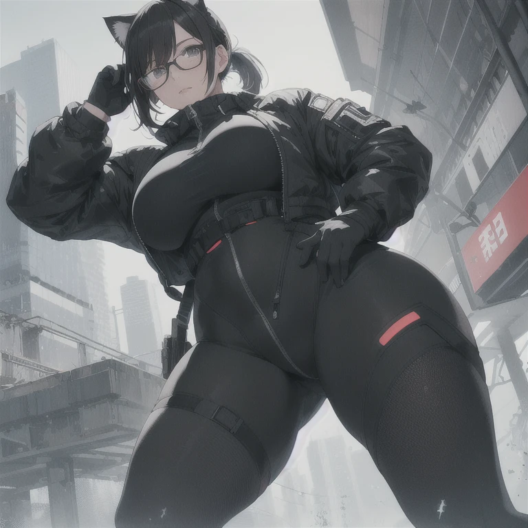Absurd resolution,high resolution,(masterpiece: 1.4),hyper-detail,fullbody shot,head to toe,full frontal camera perspective,solo,shorter,standing,glasses,kemono feline cat futanari,no skin other than neck and head shown,watertight environmental suit,black hair,messy ponytail,cute face,detailed soft grey luminous eyes,huge massive hyper super swollen heavy milky breasts,breasts so big that cover her whole torso and are bigger than her head while being so big they reach her bellybutton,extremely super large swollen perky heavy bust,super huge enormously gigantic tits,gigantic breasts stretching/straining out of her outfit looking like they are about to burst out,breasts compressed squishing barely contained in outfit,inflated breasts,breast_expansion,super gigantic swollen heavy tits,wide full hips,narrower torso and shoulders,smaller torso,narrower waist,full thicc big soft thighs,thicc big full thighs,big rounded full soft butt,thicc butt,ruggedized utility styled outfit,fully insulated suit,full body outfit coverage with no skin showing or revealed,airtight/watertight zippers and seals,scifi monochrome black and grey fullbody covering protective padding rugged loose-fitted pilot utility suit with strategically placed protective padding,white watertight zipper utility cropped top for breasts support with a black strap horizontal across cleavage worn on top of suit,tactical strategic angular-patterned protective padding on hips and thighs and abdomen,practical/functional clothing,weather-proof durable clothing material,nylon clothing material,custom made clothing to fit and support large breasts,scifi padded rugged rigid high collar cropped cutout fitted techwear jacket,armored high collar,white and black triangular decals and techwear iconography on apparel and clothing,techwear gloves,ruggedized tech,ruggedized tech aesthetic,fitted utility pants,utility chaps,near future scifi,cyberpunk aesthetic,anime aesthetic,tactical aesthetic,nasapunk apparel,death stranding