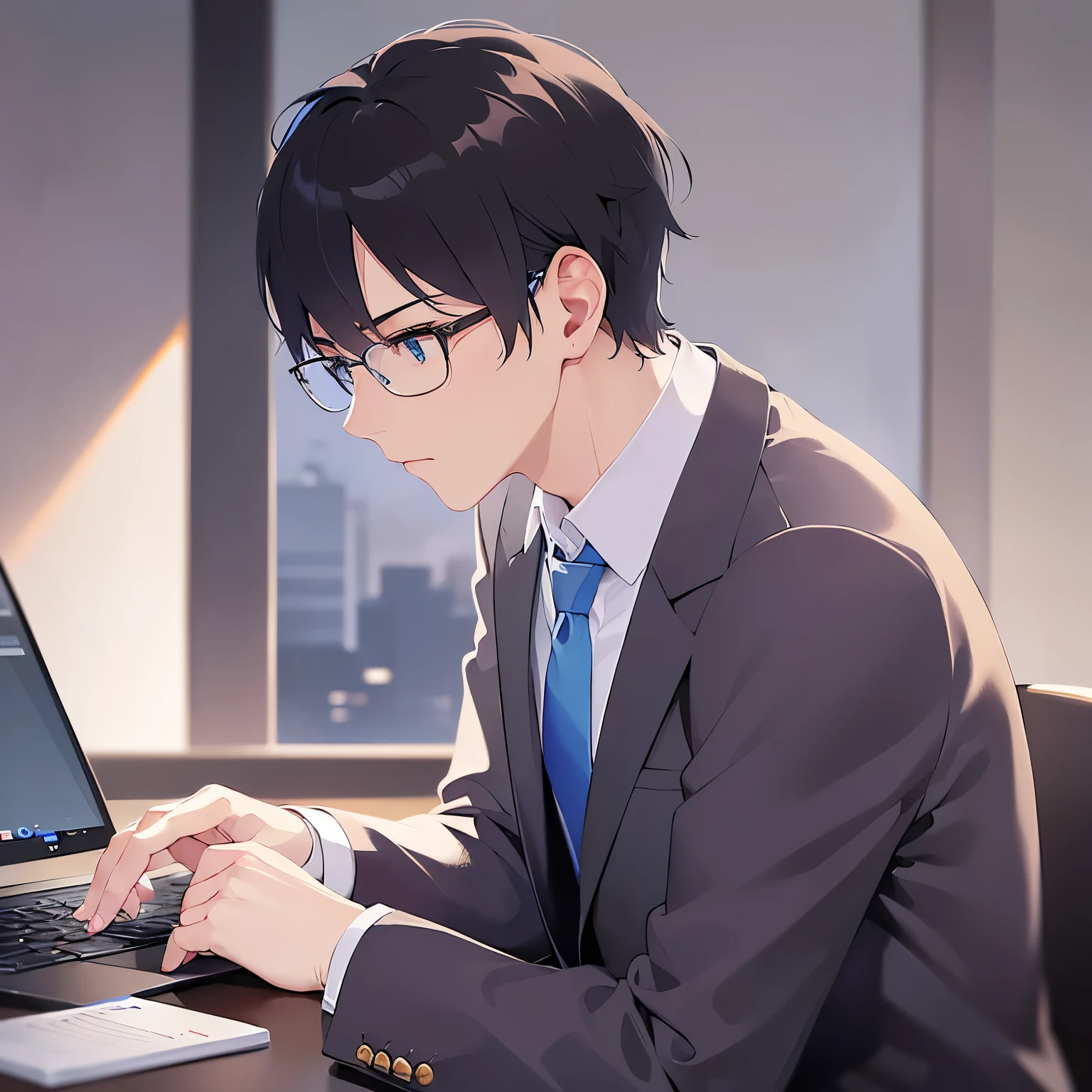 plastic frame eyewear、upper body、shiny skin, side angle, (looking away:1.5), masterpiece、Highest quality、(25-year-old male:1.5) and (Black short hair) and (blue eyes), (Wearing a suit:1.5) and (Blue tie)、Sitting、Serious expression、Background: Company、(Alone:1.5)、computer