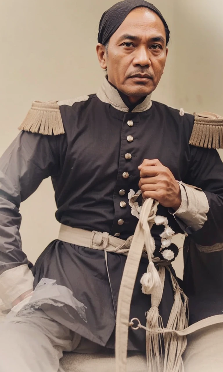 Indonesian Muslim man, aged 45 years or over, wrinkled brown skin, wearing kanigaran type clothes complete with black details with the nuances of a great king. clear clean eyes, thin lips, closed mouth, sharp nose, naturally short eyebrows. HD quality realistic images.