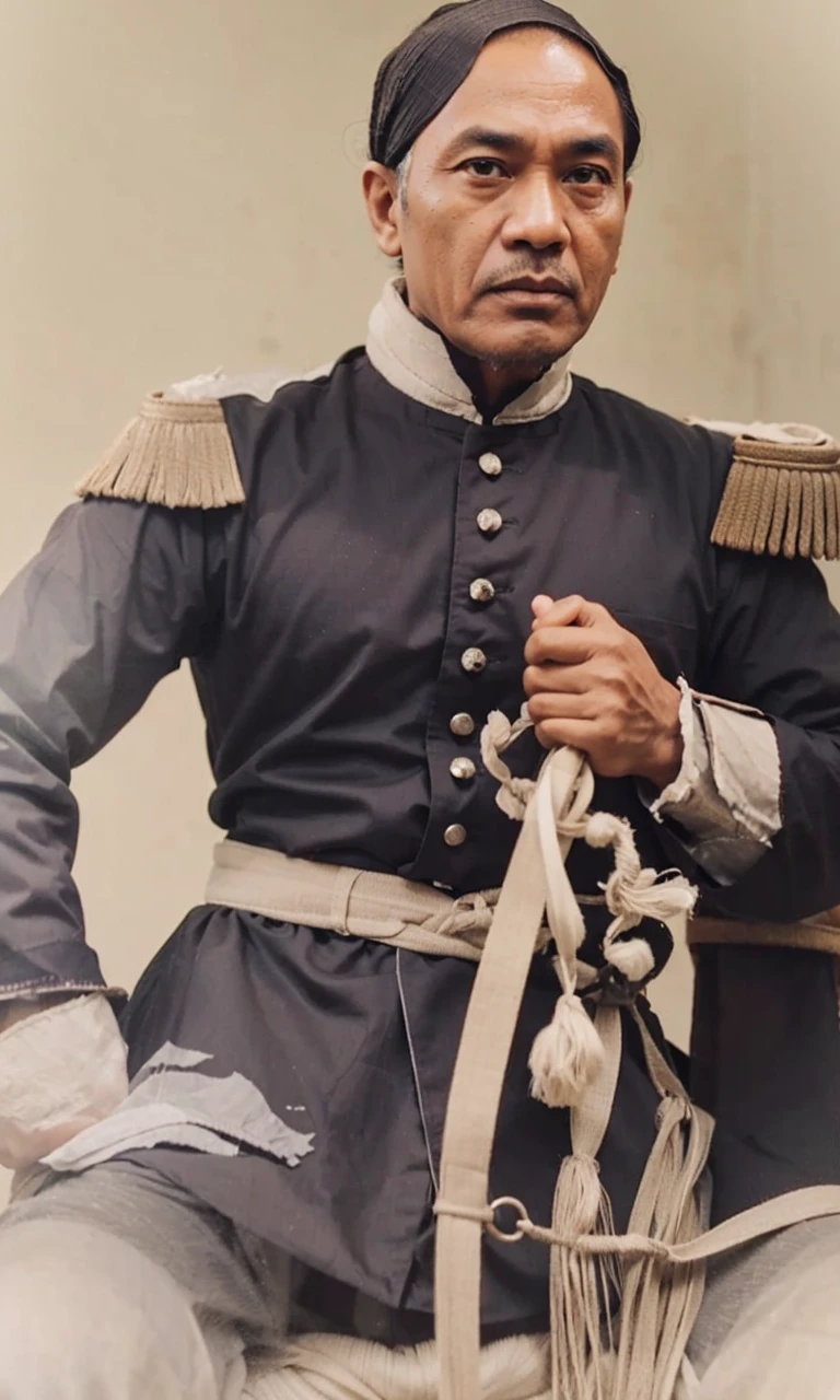 Indonesian Muslim man, aged 45 years or over, wrinkled brown skin, wearing kanigaran type clothes complete with black details with the nuances of a great king. clear clean eyes, thin lips, closed mouth, sharp nose, naturally short eyebrows. HD quality realistic images.