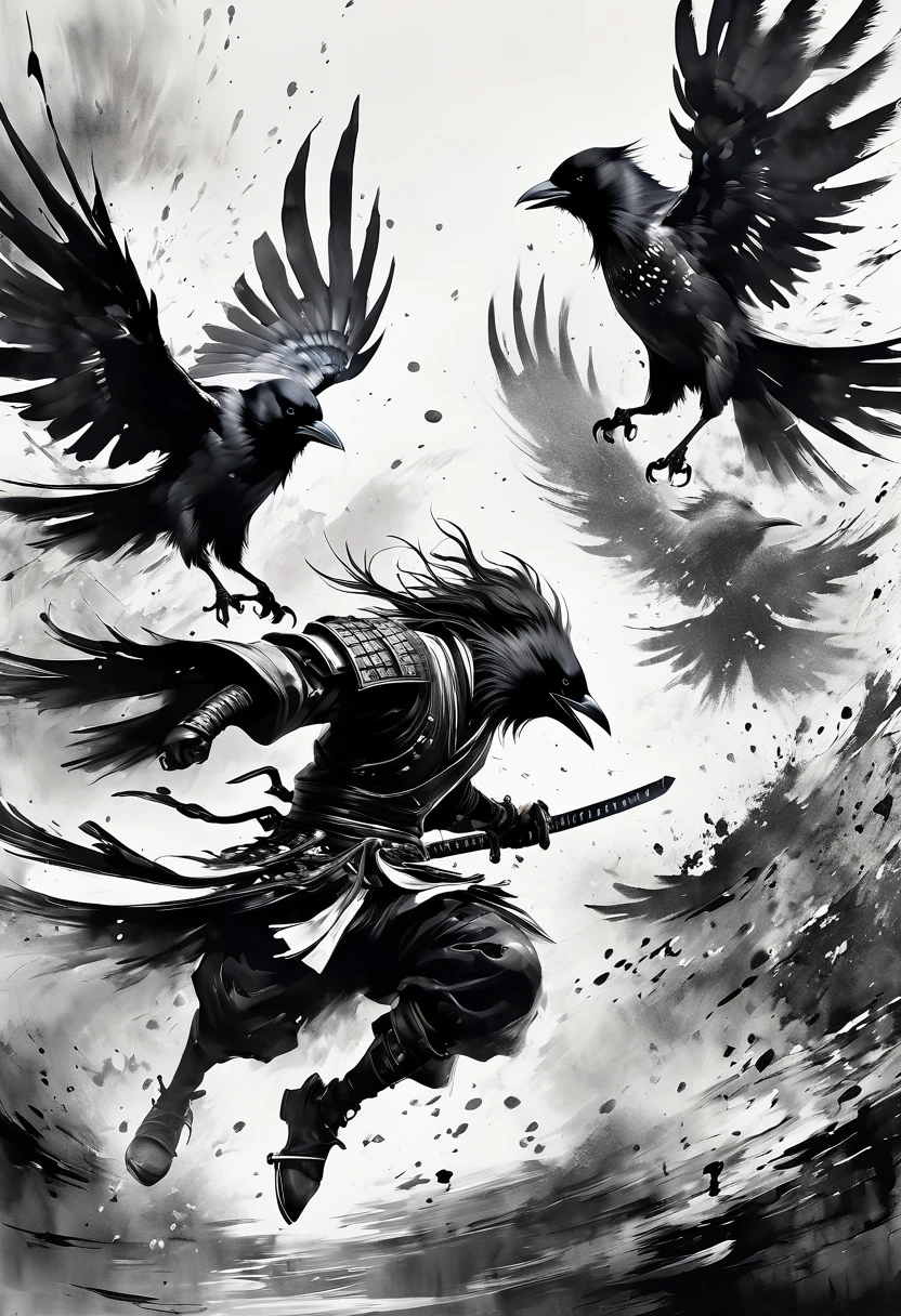 Ink painting,Ink Painting,Black and white painting,splash,Dynamic movement and powerful brushstrokes、(final fantasy seriesの),Several crows fly,Intense sword fighting scene,samurai armor,cyberpunk,