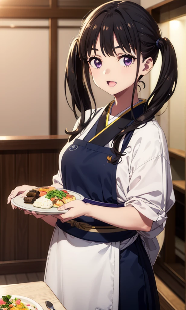Takiuchikami, Long Hair, bangs, Twin tails, Black Hair, (Purple eyes:1.1),smile,Open your mouth,
break japanese clothes, Blue Kimono, apron, waist apron, waitress,White tabi,whole body,So that it can be included in the illustration,food, drink, Table Cleaning, tray, tray in one hand
break indoors, hostel,
break looking at viewer, whole body,
break (masterpiece:1.2), Highest quality, High resolution, unity 8k wallpaper, (figure:0.8), (Beautiful attention to detail:1.6), Highly detailed face, Perfect lighting, Highly detailed CG, (Perfect hands, Perfect Anatomy),