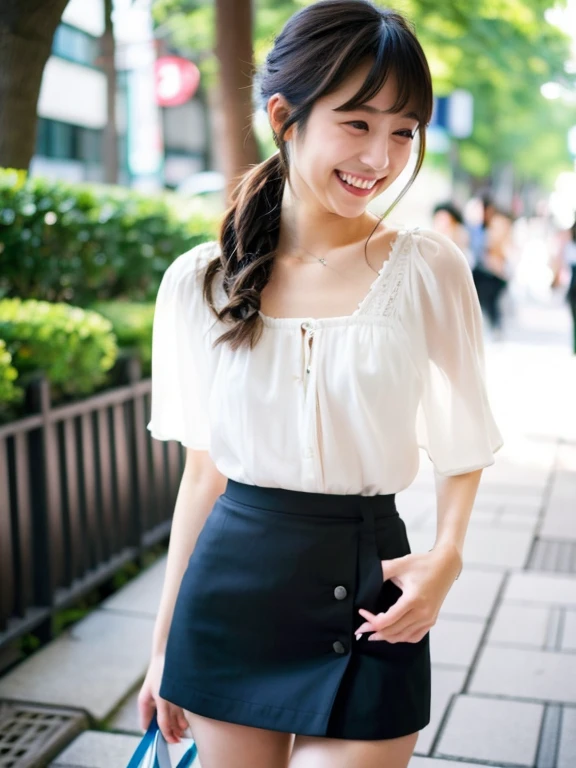 (Cute Japanese Girls), Outdoor, Sexy 18 year old girl, Slender body, Thin chest, skirt, blouse, Thin thighs, Trendy hairstyles, Are standing, Laughter, 