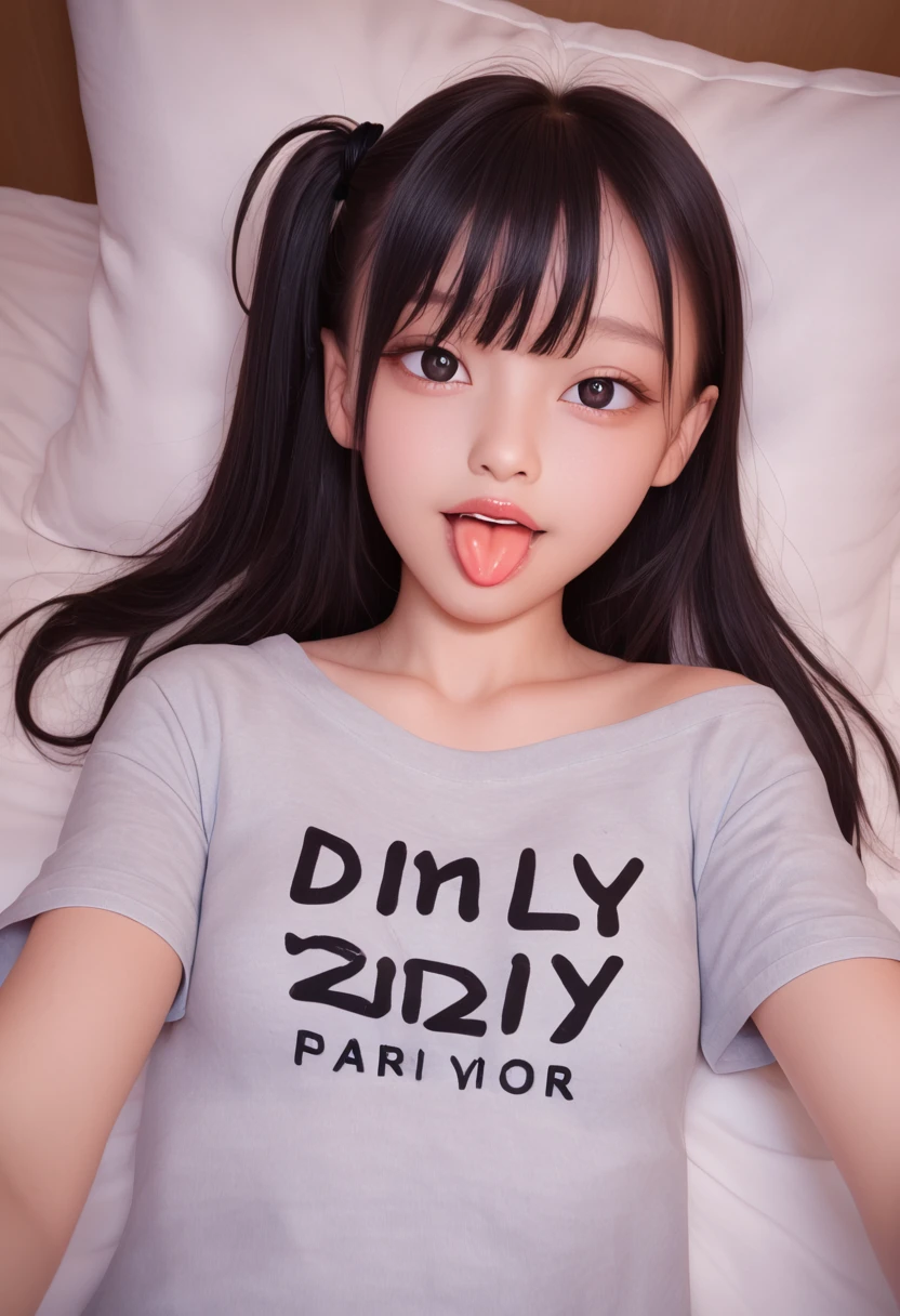pastel colors colors t-shirt,off-shoulder look,bare shoulder,ollarbone,midriff peek,hot pants,(open mouth:1.5),(tongue out:2),lying,Selfie,overhead shot,front view,upper body,(1girl,Beautiful 14 year old girl),((Slender,Small breasts,Small face,)),(looking at viewer),Black Hair,bangs,one side up,Beautiful and detailed,(Dimly lit room:1.5),White bed,pillow,Mischievous smile