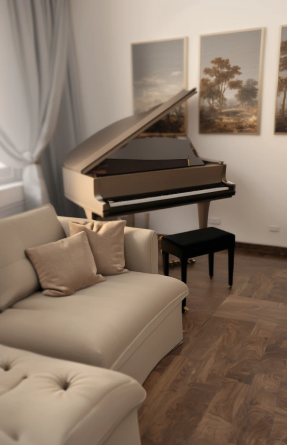 Official art, 8k unit wallpaper, ultra detailed, beautiful and aesthetic, Work of art, best quality, ((best quality, 8K, Artwork: 1.3)), There is a couch and a gray tones prefessional same forms of the piano, full piano elegant grand piano (((piano colors In gray tones that match the tones of the environment)):1.5, placed in a living room, piano; grays tones, shining, elegant eyes, professional,