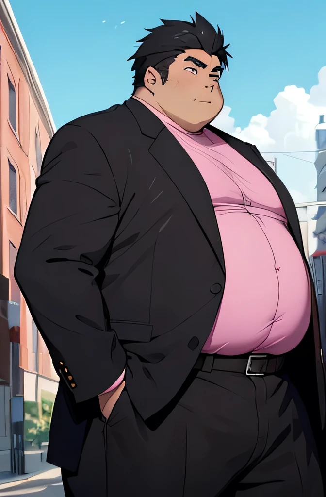extremely fat anime boy with handsome face, pink shirt, black pants, belt, massive and gigantic belly, 300 pounds heavy, obese, huge stomach, black jacket