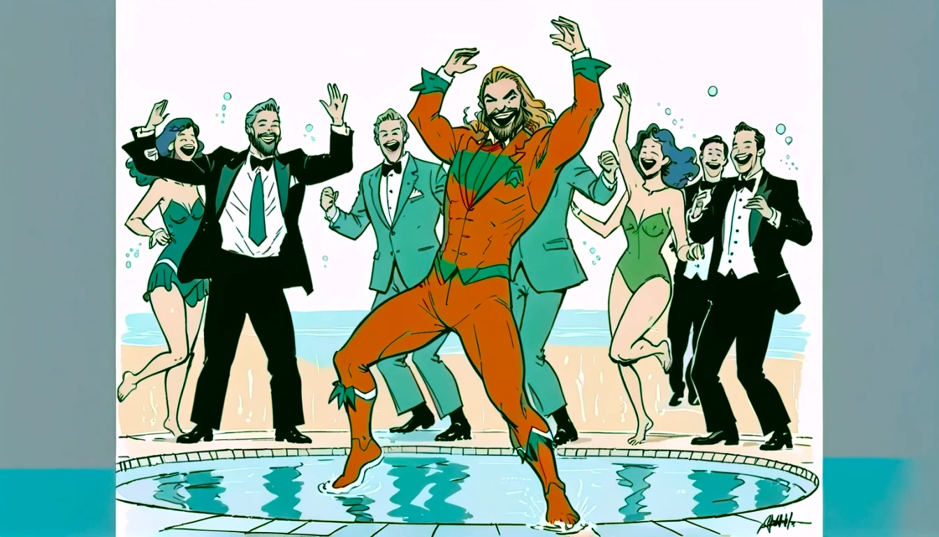 Line drawing, sketch, expressive, ink figure of Aquaman (vintage orange and green suit) dancing at a pool , overjoyed. The style should be simple and minimal. clearly standing in shallow end of pool, everyone is maximal over excited to be at prestigious pool , wide large smiles, cackling, 1990's animated tv show screengrab, uv light rays across face, VHS, glitch, distorted, nostalgia, 90's retro vibes, analog tape, vcr aesthetics, tv, television, comic 1990's, animated tv show screengrab, cinematic poster, image within image, multiple exposure, massive scale, rich color grading for shading depth, hand drawn rotoscope cartoon realism, chiaroscuro lighting, mixed media, vintage comic, retro original design, 1990's comic, sense of movement energy, tropical rot, rewilding, (full roygbiv color) ink charcoal expressive illustration,
