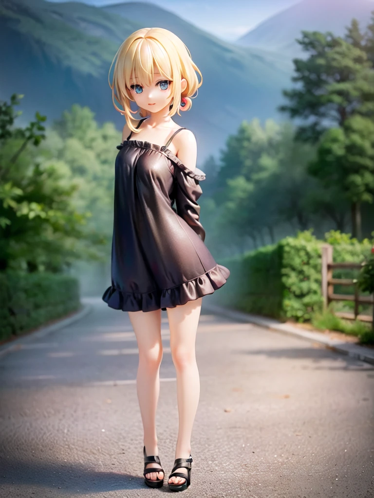 full body,She has blond hair, light blue eyes. nude,(high resolution), (extremely detailed CG), realistic, extremely cute anime girl,small girl,beautiful eyes and face. gentle expression, slender. standing