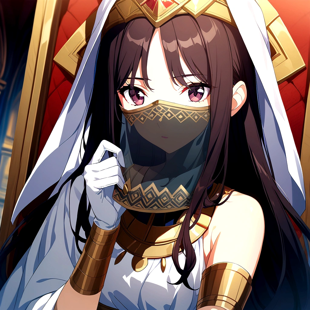 1girl, long hair, dark hair, ancient civilization clothes, white glove, mouth veil, throne background, game cg, 