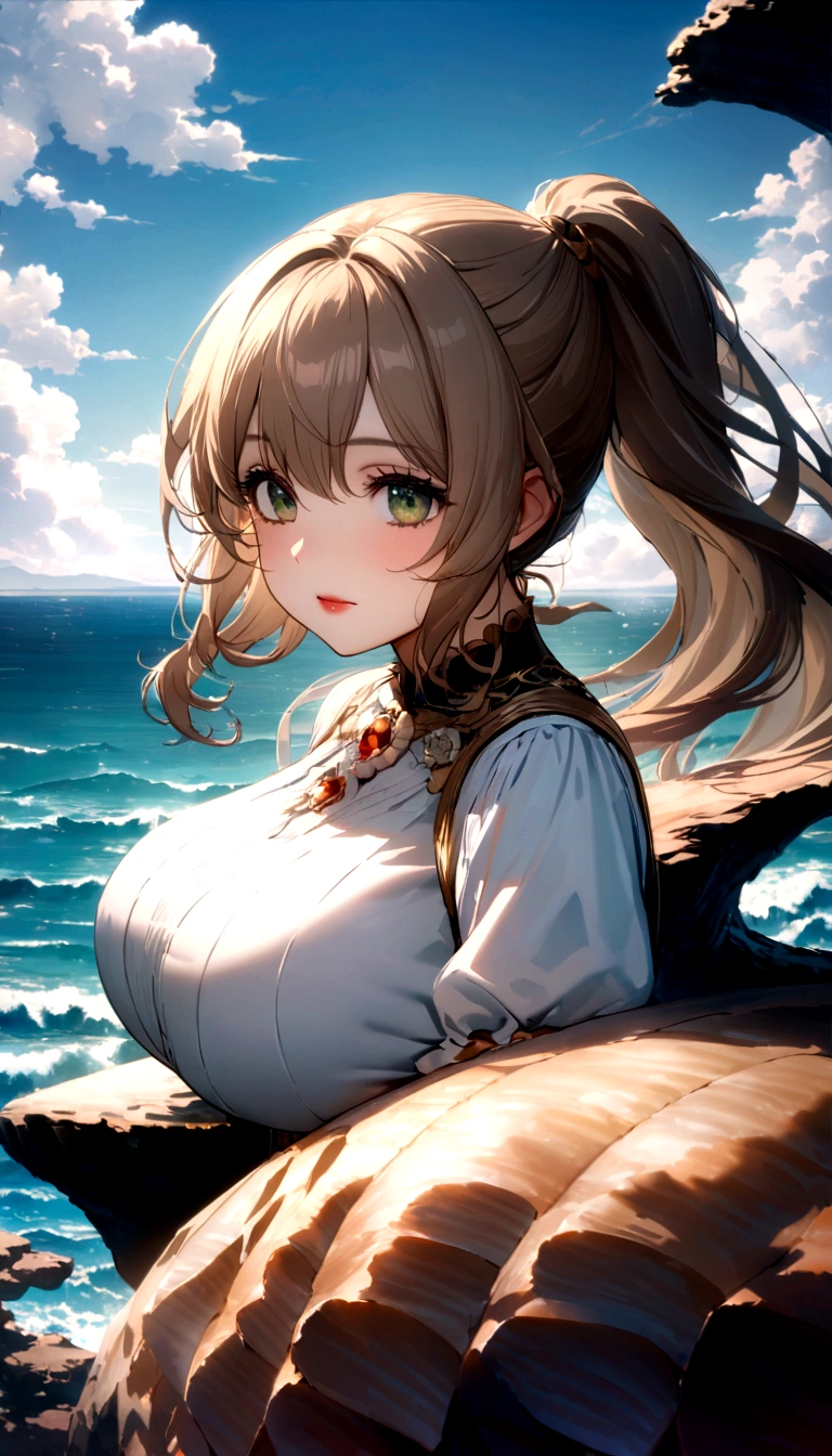 masterpiece:1.4),, (Highest quality:1.4),, Ultra-high resolution,, 8K, CG,, (Very delicate and beautiful:1.2),,Upper body,, One girl,, alone,, Fashionable Girl,, Mature Girls,, , Huge boobs, sweet,, , Oceanの背景，Coral Reef，うねるOcean，Long brown hair,, ponytail,, , Brown eyes,, Mouth closed,, Red lips,, , Face blown by the wind,, ,Delicately depict facial features，Almond Eyes，Delicate eyeliner。Long eyelashes，Green Eyes，Dark Eyes，There&#39;s starlight in my eyes，Delicate lip detail，Oil painting quality，Thick painting style， Beauty of Venus，Ocean，Foamy，Stand on a giant shell