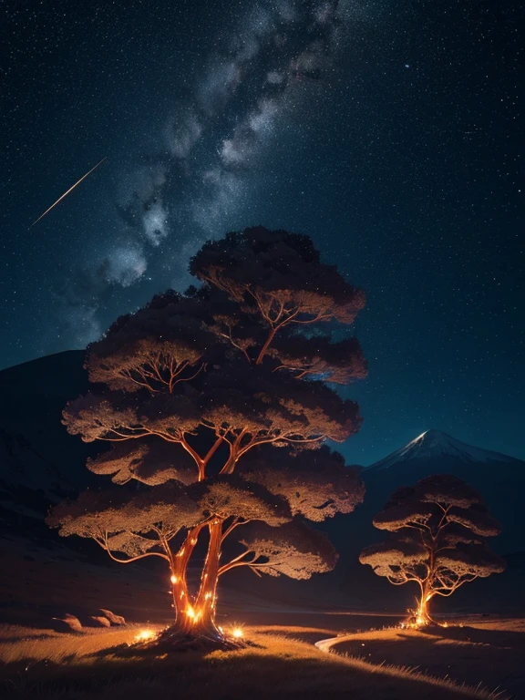 Night. The starry dark sky. Gloomy twisting tubular spiral abstract trees.
The trees are illuminated with a golden glow by a drop of crystal. On the sides are floating dentrithy auricular blue spheres. In the distance, a single intricate lenticular mountain. Bright red fluffy grass. Clear shadows. Professional photo. Hyperdetalization, hyperrealistic.