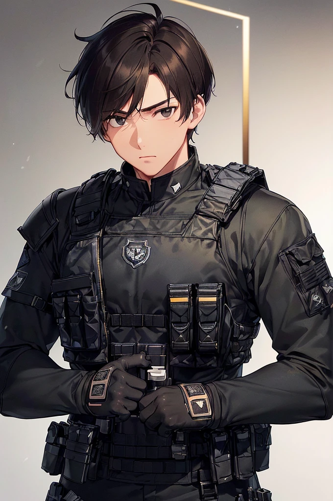 (((masterpiece; best quality: 1.2))), (finely detailed eyes: 1.3), (25 year old man), (solo), (black eyes: 1.4), (body; muscular, fit, masculine: 1.3), (short brown hair: 1.3), (beautiful and clear background: 1.2), ((depth of field)), (equipment: spec ops full black tactical combat-ready gear + tactical long-sleeve shirt + kevlar vest + black gloves + black baseball cap + pouches: 1.3), (anime illustration: 1.2), (background composition; military base office: 1.1), (extremely fine and handsome: 1.1), (shot composition; standing + centered on torso + close-up: 1.5), (expression; calm, stoic: 1.2)