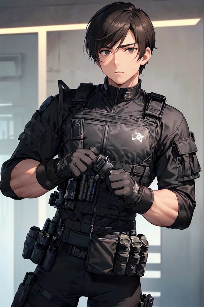 (((masterpiece; best quality: 1.2))), (finely detailed eyes: 1.3), (25 year old man), (solo), (black eyes: 1.4), (body; muscular, fit, masculine: 1.3), (short brown hair: 1.3), (beautiful and clear background: 1.2), ((depth of field)), (equipment: spec ops full black tactical combat-ready gear + tactical long-sleeve shirt + kevlar vest + black gloves + black baseball cap + pouches: 1.3), (anime illustration: 1.2), (background composition; military base office: 1.1), (extremely fine and handsome: 1.1), (shot composition; standing + centered on torso + close-up: 1.5), (expression; calm, stoic: 1.2)