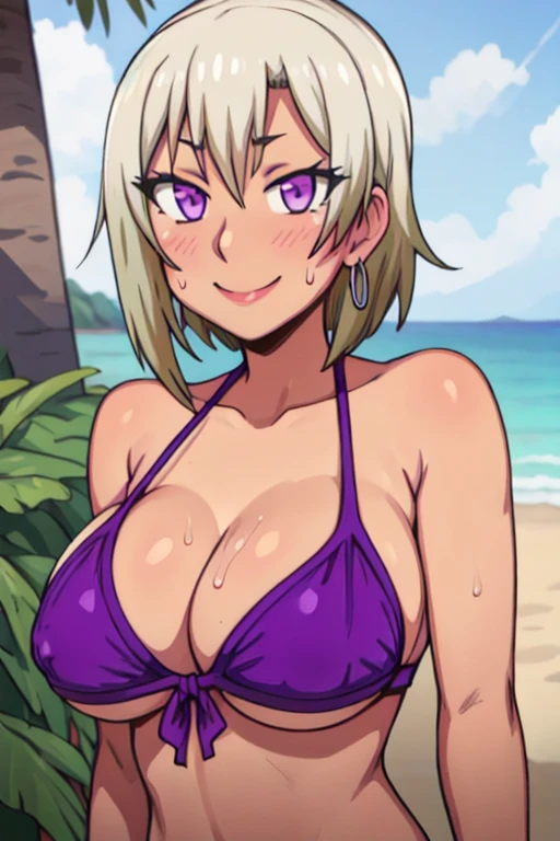 masterpiece, best quality, Ranko Honjou, looking at viewer, short hair, purple eyes, large breasts, upper body, portrait, seductive smile, armpits, armpits visible, sweaty armpits, purple bikini, background on beach