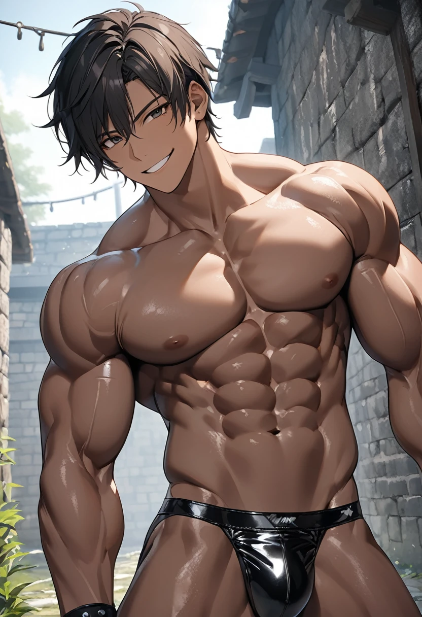 high quality, detailed, (22 years old japanese idol wrestler boy), (detailed black eyes), (black short hair), (muscle:1.5), (dark brown shiny skin:1.3), black tiny thong, bulge,(detailed nipples), yard, dungeon, (best quality,4k,8k,highres,masterpiece:1.2), smirk, face close up,