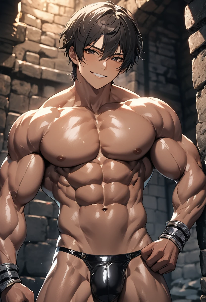 high quality, detailed, (22 years old japanese idol wrestler boy), (detailed black eyes), (black short hair), (muscle:1.5), (dark brown shiny skin:1.3), black tiny thong, bulge,(detailed nipples), yard, dungeon, (best quality,4k,8k,highres,masterpiece:1.2), smirk, face close up,