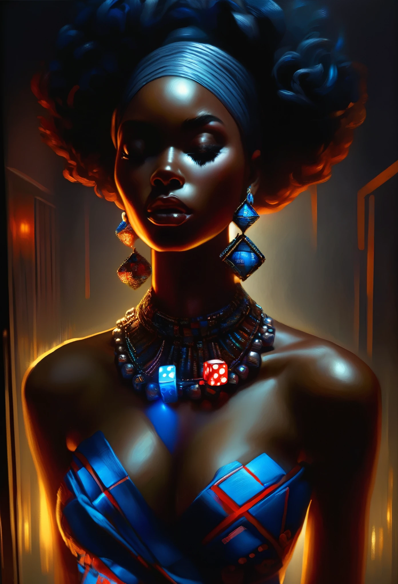 4D portrait of a full body image of a Black woman dressed in African designed clothes with neon lit glowing red and blue dice floating around her, with red and blue dice lighting the scene, dim lit scene with only the red and blue dice shining in the scene, standing model pose in a dice designed cube room, Oil Painting, 3/4 Profile view, gorgeous African designed pearl necklace, Luxurious fabrics, detailed embroidery, Moody chiaroscuro lighting, hight resolution