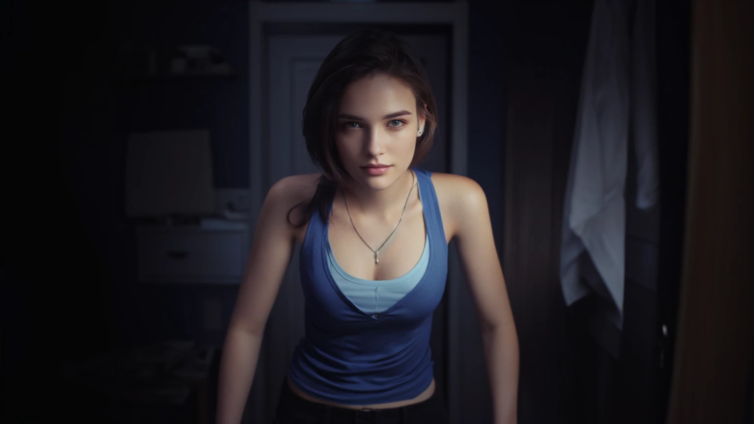woman, blue shirt, looking forward