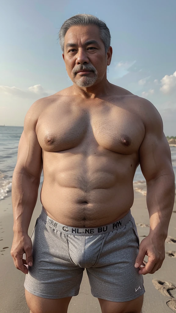Vietnamese grandfather with gray hair, mature face, a thick gray mustache, a short gray chin beard, bear body, wearing a massive bulging gray jockstrap stand in the beach, have belly, big muscular chest, a sexy pose, show underwear.