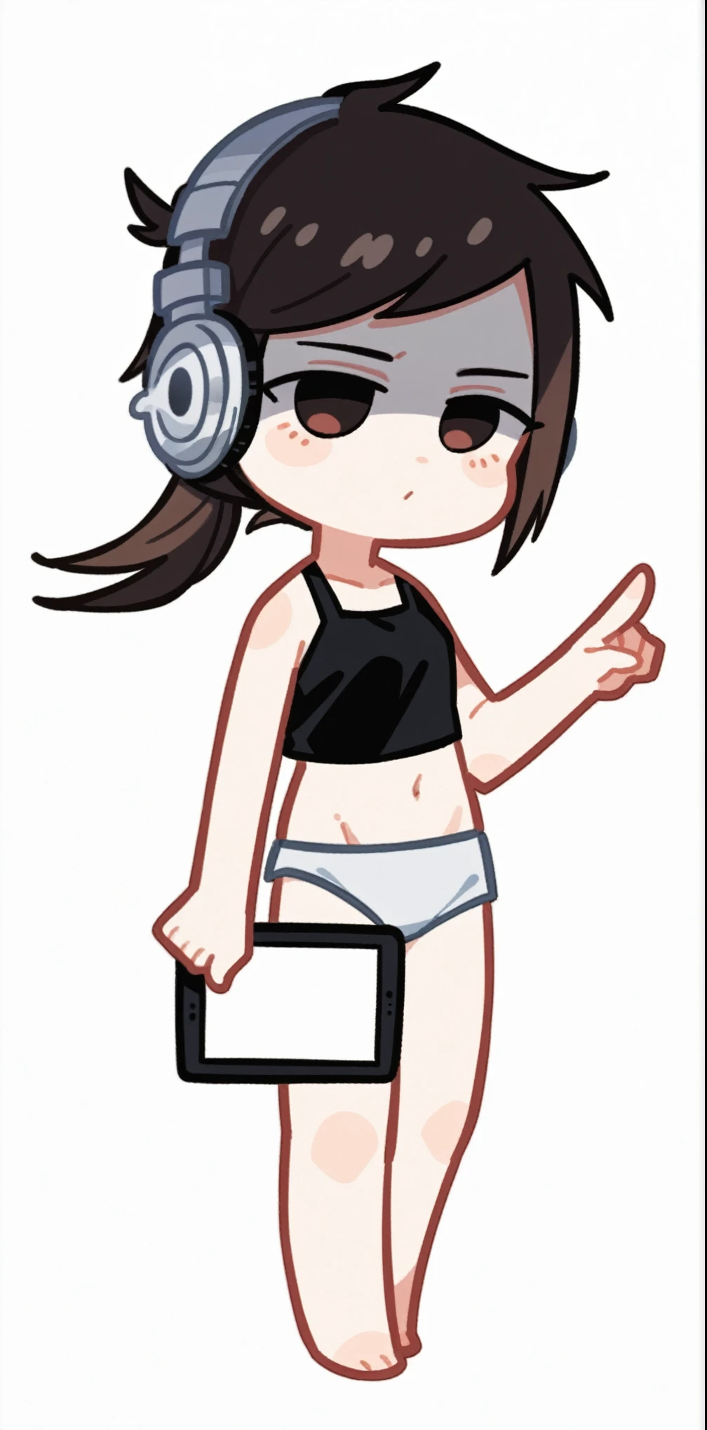 cartoon girl with headphones and a tablet pointing at something, full body!, in an anime style, full_body!!, ecchi anime style, with headphones, with head phones, chibi style, cel shaded!!!, unknown artstyle, thicc, jaidenanimations, chibi, anime moe artstyle, holding a pudica pose