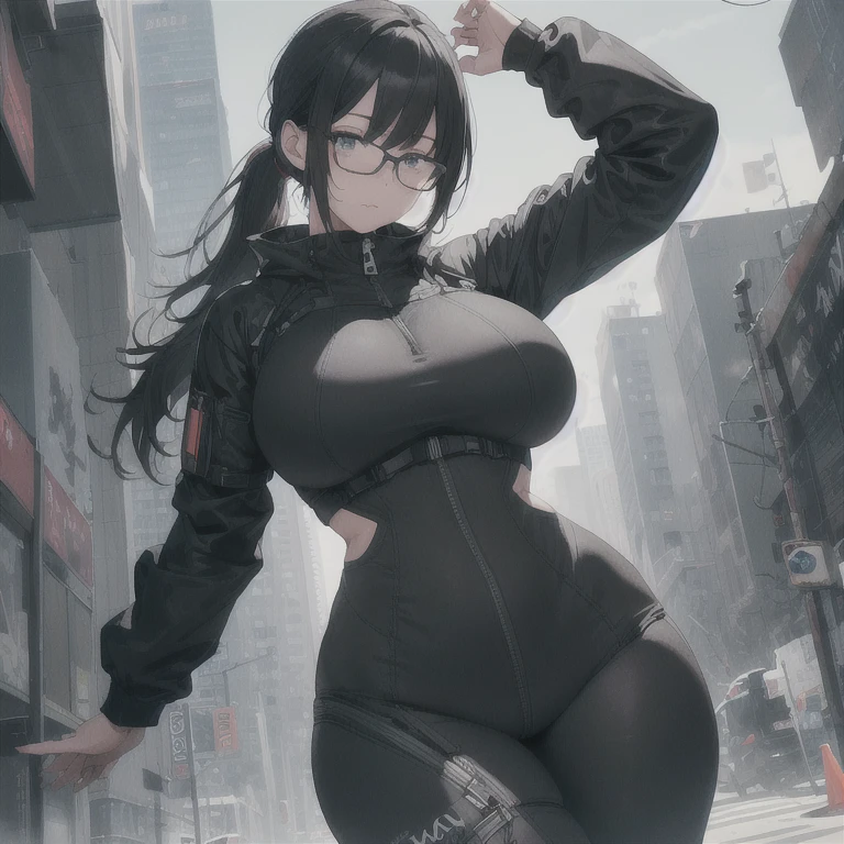 Absurd resolution,high resolution,(masterpiece: 1.4),hyper-detail,fullbody shot,head to toe,full frontal camera perspective,solo,shorter,standing,glasses,kemono feline cat futanari,no skin other than neck and head shown,watertight environmental suit,black hair,messy ponytail,cute face,detailed soft grey luminous eyes,huge massive hyper super swollen heavy milky breasts,breasts so big that cover her whole torso and are bigger than her head while being so big they reach her bellybutton,extremely super large swollen perky heavy bust,super huge enormously gigantic tits,gigantic breasts stretching/straining out of her outfit looking like they are about to burst out,breasts compressed squishing barely contained in outfit,inflated breasts,breast_expansion,super gigantic swollen heavy tits,wide full hips,narrower torso and shoulders,smaller torso,narrower waist,full thicc big soft thighs,thicc big full thighs,big rounded full soft butt,thicc butt,ruggedized utility styled outfit,fully insulated suit,full body outfit coverage with no skin showing or revealed,airtight/watertight zippers and seals,scifi monochrome black and grey fullbody covering protective padding rugged loose-fitted pilot utility suit with strategically placed protective padding,white watertight zipper utility cropped top for breasts support with a black strap horizontal across cleavage worn on top of suit,tactical strategic angular-patterned protective padding on hips and thighs and abdomen,practical/functional clothing,weather-proof durable clothing material,nylon clothing material,custom made clothing to fit and support large breasts,scifi padded rugged rigid high collar cropped cutout fitted techwear jacket,armored high collar,white and black triangular decals and techwear iconography on apparel and clothing,techwear gloves,ruggedized tech,ruggedized tech aesthetic,fitted utility pants,utility chaps,near future scifi,cyberpunk aesthetic,anime aesthetic,tactical aesthetic,nasapunk apparel,death stranding