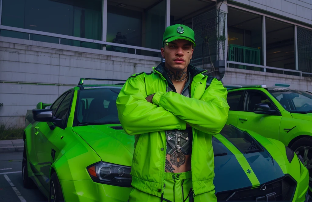 there is a man in a green jacket and a green hat standing in front of a green car, cyberpunk street henchman, gta character, like a GTAV character, punk outfit, White-colored skin, as the protagonist of gta 5, gta character v, White-colored skin!!, Caucasian skin, jerma985 as the wildcard