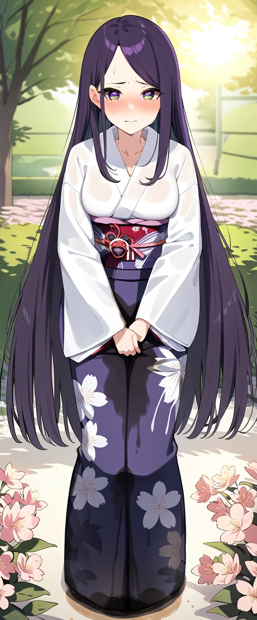 (masterpiece:1.37), best quality, (extremely detailed:1.37), (1girl:1.5), woman, (mature:1.5), (adult:1.5), large breasts, very long hair, (straight hair:1.5), (very dark purple hair:1.5), purple eyes, (extremely detailed eyes:1.37), (furisode:2.0), desperation, (wetting self:1.5), standing, embarrassed, humiliation, blushing, angry, cherry blossoms, garden, (golden hour:1.5), full body