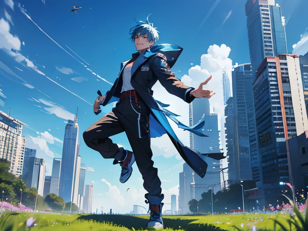 a male, full body view, jumping, look at viewer and smiling, use cyberpunk fashion, under blue clear sky, in beautiful grass and flower, high res, ultra sharp, 8k