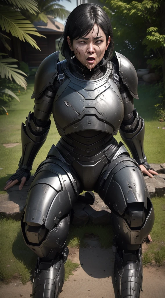 ((lie face up on the ground))((Full Body Shot))Middle-aged women Sweaty face、Black Weight Robot Suit、full black armor, Black Hair、Heavy Cyborg、Sweaty face、、Spread your legs、((Heavily damaged armor))、Open your mouth、、((Drooling from the mouth..)) Sexy Eyes Cracks in the ground、Bleeding from the mouth、The whole body is damaged、close your eyes water from crotch