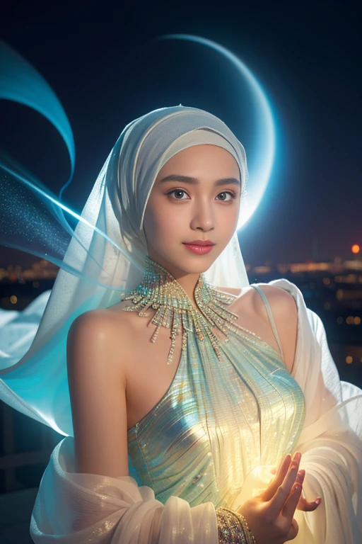 close up of a young woman,she wear a hijab with beautiful ornaments,a long dress, very glossy skin,smile,big eyes,dezent make up,antasy art,digital art,delicate lines and textures,realistic and rich art, detailed face and eyes,blurred night city background,surrealism,cinematic,rough shadows,vivid colors,Rich colors,light and shadow,three-dimensional lighting,combination of various colors and shades,volume lighting,Film light,dynamic lighting,good anatomy,intricate details,highly details.,Broken Glass effect,no background,stunning,something that even doesn't exist,mythical being,energy,molecular,textures,iridescent and luminescent scales,breathtaking beauty,pure perfection,divine presence,unforgettable,impressive,breathtaking beauty,Volumetric light,auras,rays,vivid colors reflects,