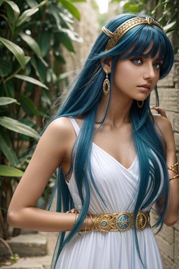 Mariam_Beyblade, 1 girl, alone, green eyes, long hair, violet blue hair, long loose and flowing hair, white Greek cut dress, and gold details, bracelet, clothing cut, hair clips, bracelet, neckline