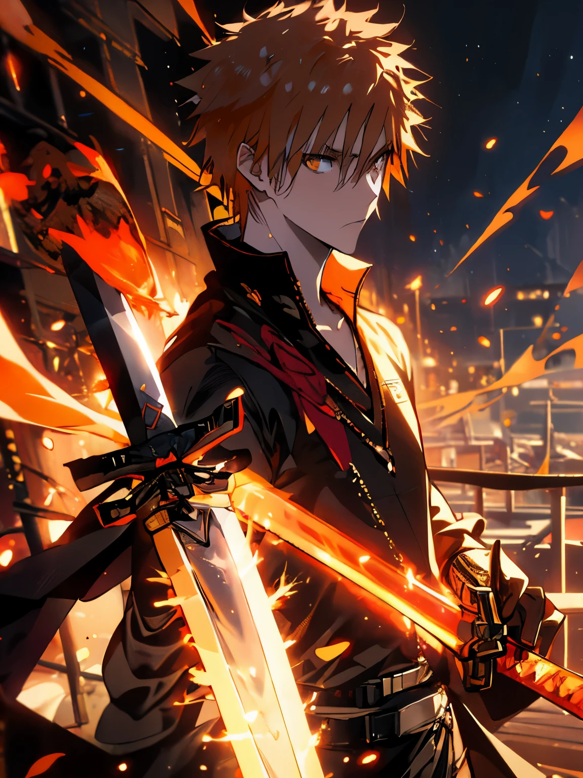 Masterpiece、male、Ichigo Kurosaki、ichigo，Orange Hair、Orange eyes、Black clothes、Serious face、(((Holding a black sword)))、Shining Background、Starry Ski、nebula、Upper Body