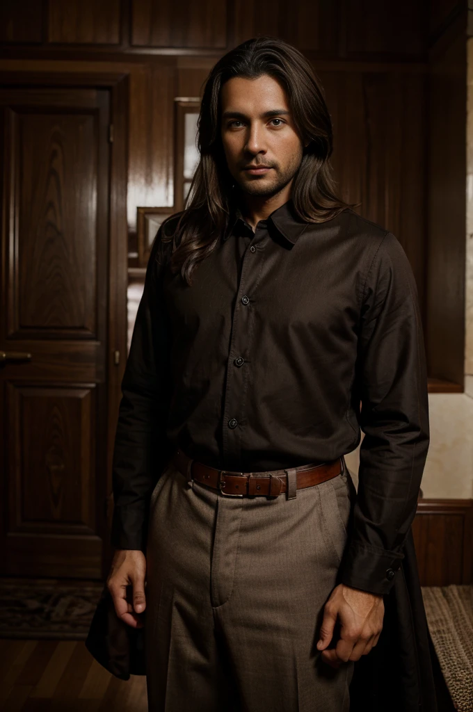 man, 30 years old, brown hair and eyes, beautiful, 1900 style, clothes from 10's, stylish, dark skin from Afeganistan, FUJIFILM, cinematography, 16k, uhd, in a house