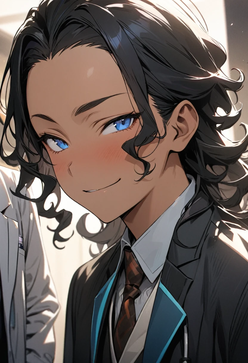 (( straight face picture )) ((best quality)), (Masterpiece)), (details), ( Beautiful colors ) ( ornamentation ) ,doctor ,young man , Tanned skin , black hair,blue eyes ,Shoulder-length hair ,Slightly curly hair , open forehead , suit ,doctor , Smiling.